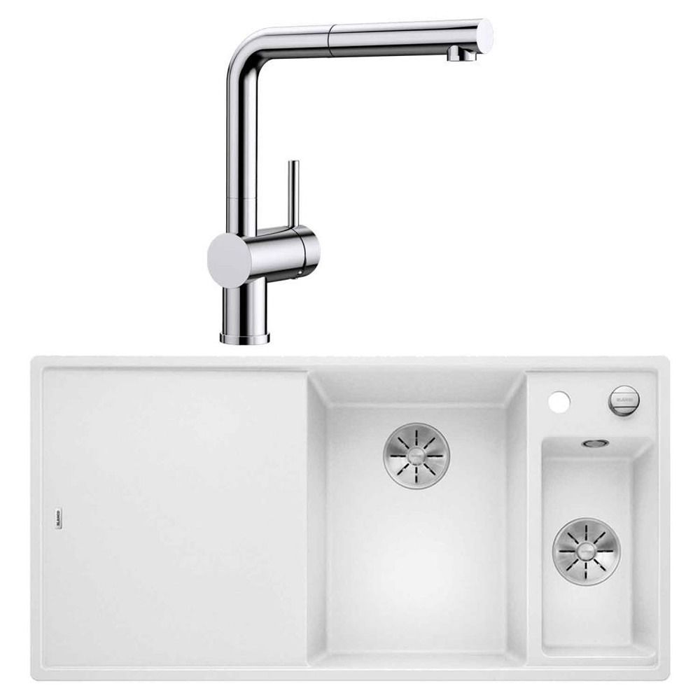 Blanco Krom Armatür & InFino Granit Eviye (LINUS-S + AXIA III 6S) White - Sol Damlalık